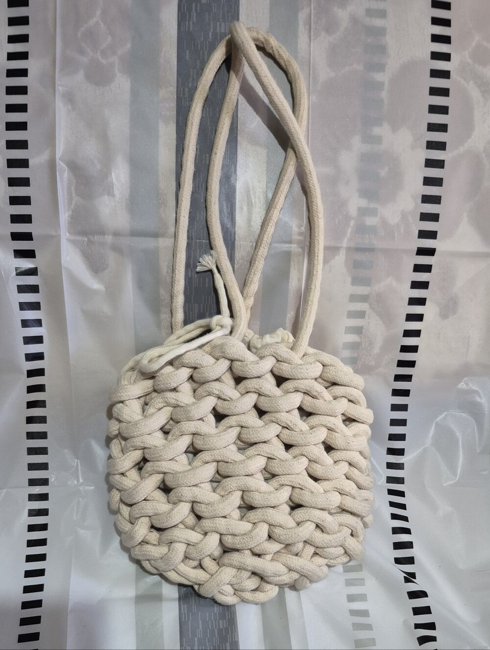 Cream Knitted Round Shoulder Bag with Double Strap
